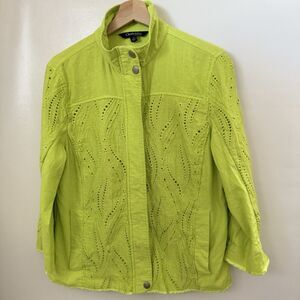 Chadwicks Linen Jacket Womens Large Chartreuse Floral Eyelet Beach Resortwear